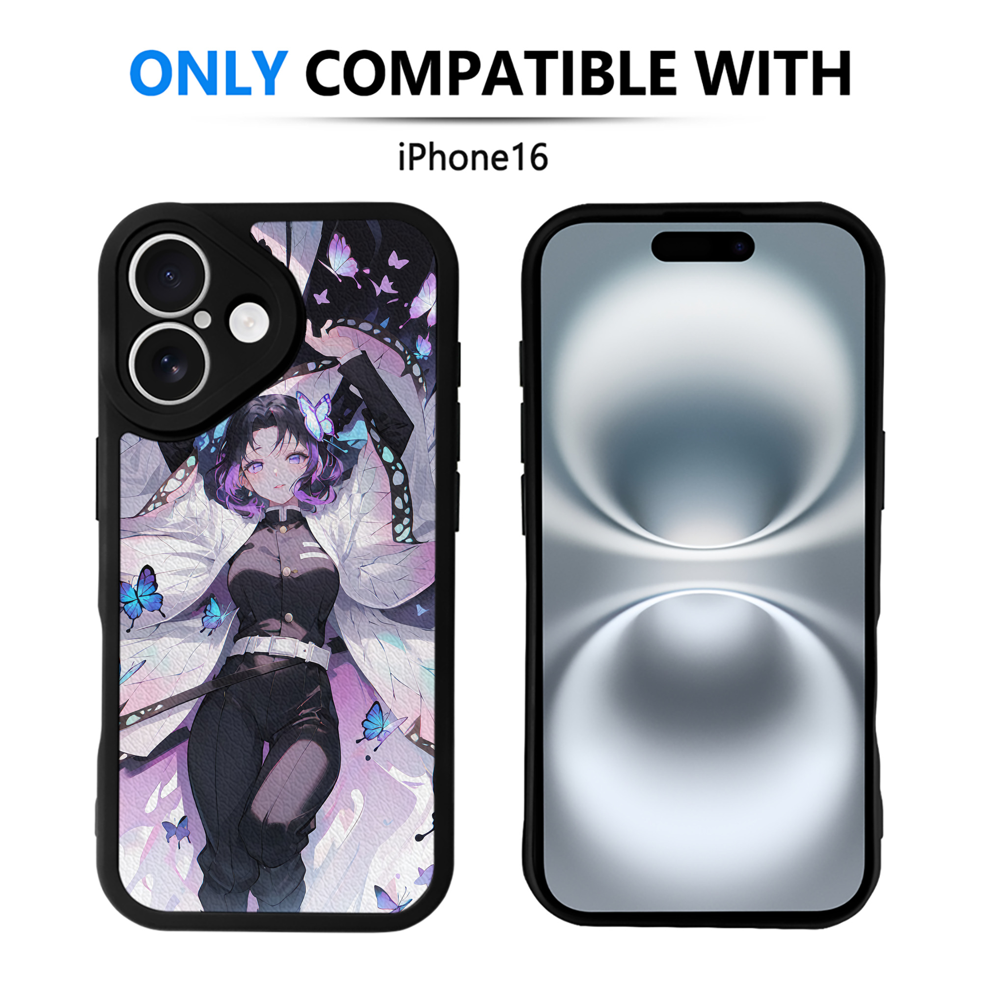 （画像用） 鬼滅の刃（きめつのやいば）蟲柱-胡蝶 しのぶ／こちょう しのぶ Kochou Shinobu 【iPhone 16シリーズ対応】シリコンスマホケース（レザー調） 材質：シリコン